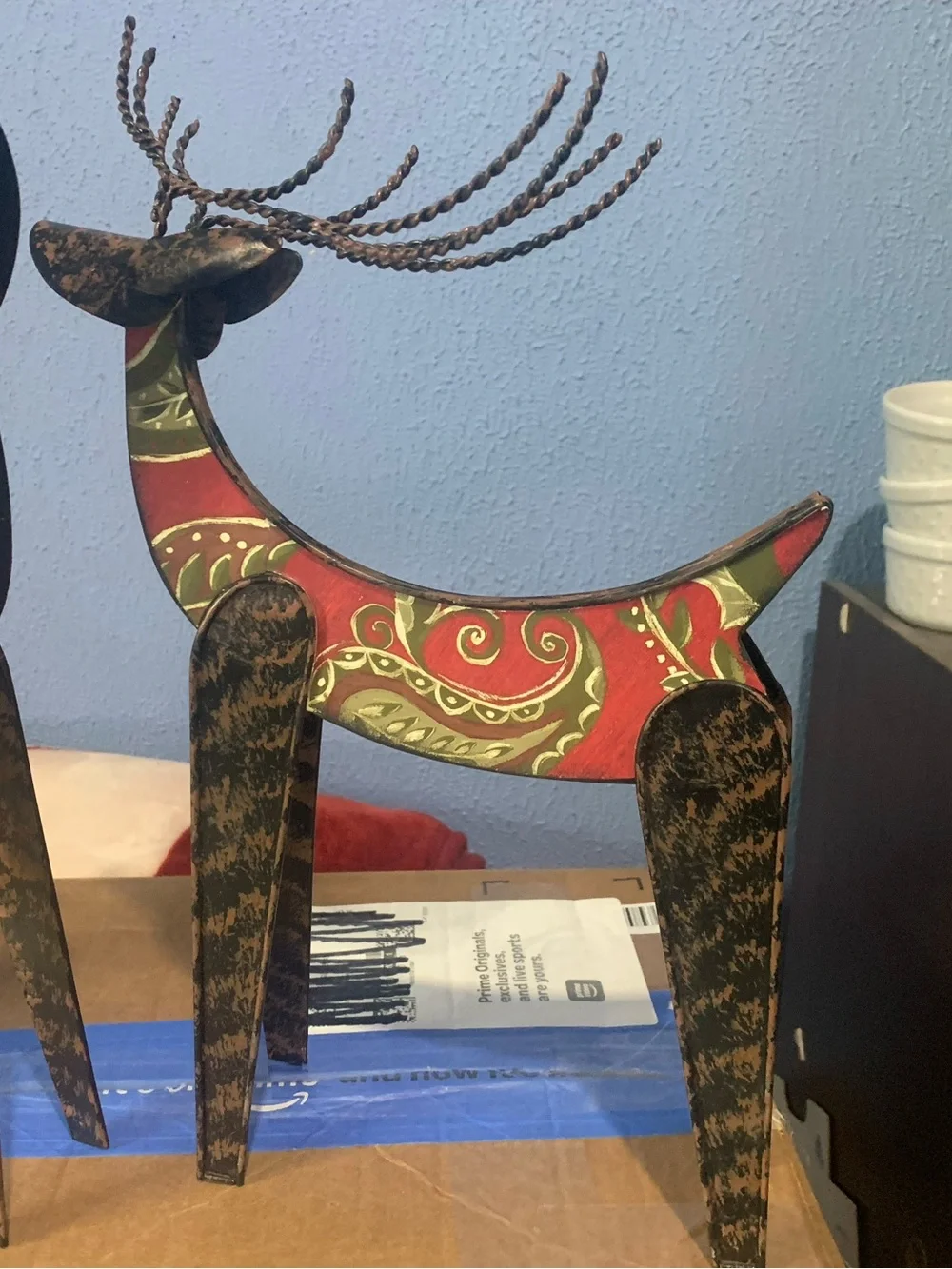 Two Rustic Holiday Reindeer Metal Unique Standing For Mantel or Table